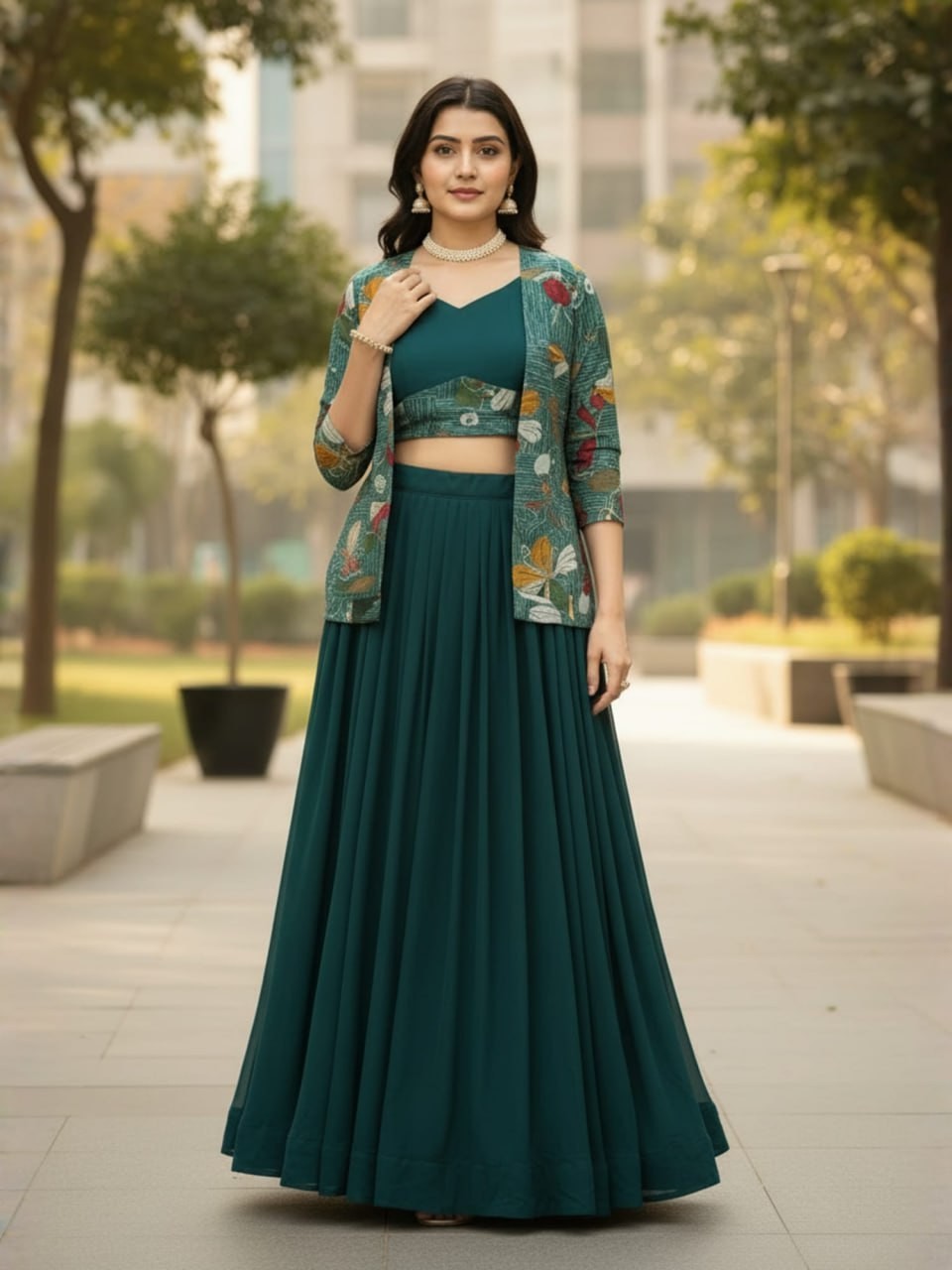 Premium Georgette Lehenga Choli With Chanderi Koti Jacket Party Wear