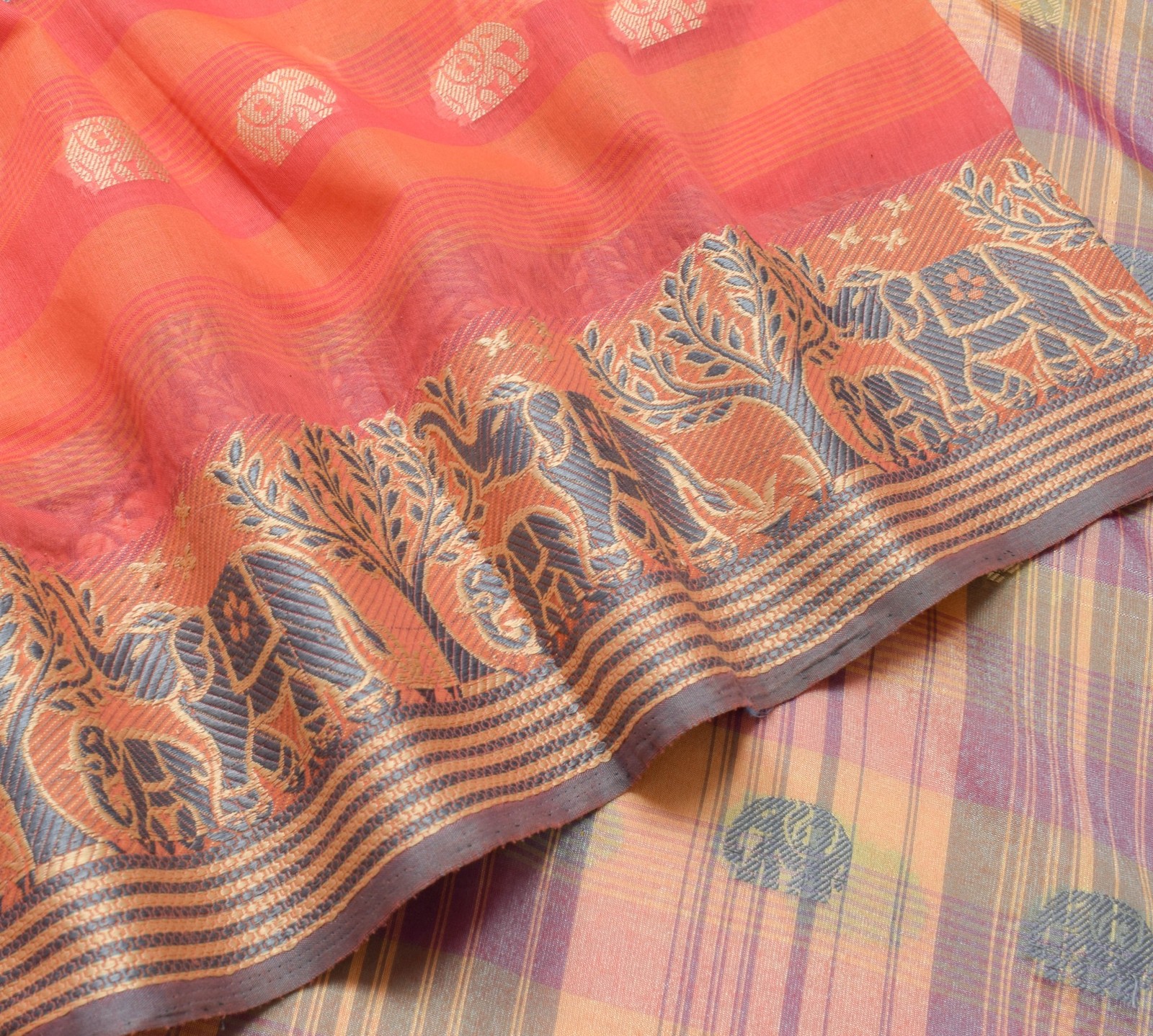 Sushila Vintage Multi-Color Silk Women Saree Elephant Motifs Woven Sari Fabric