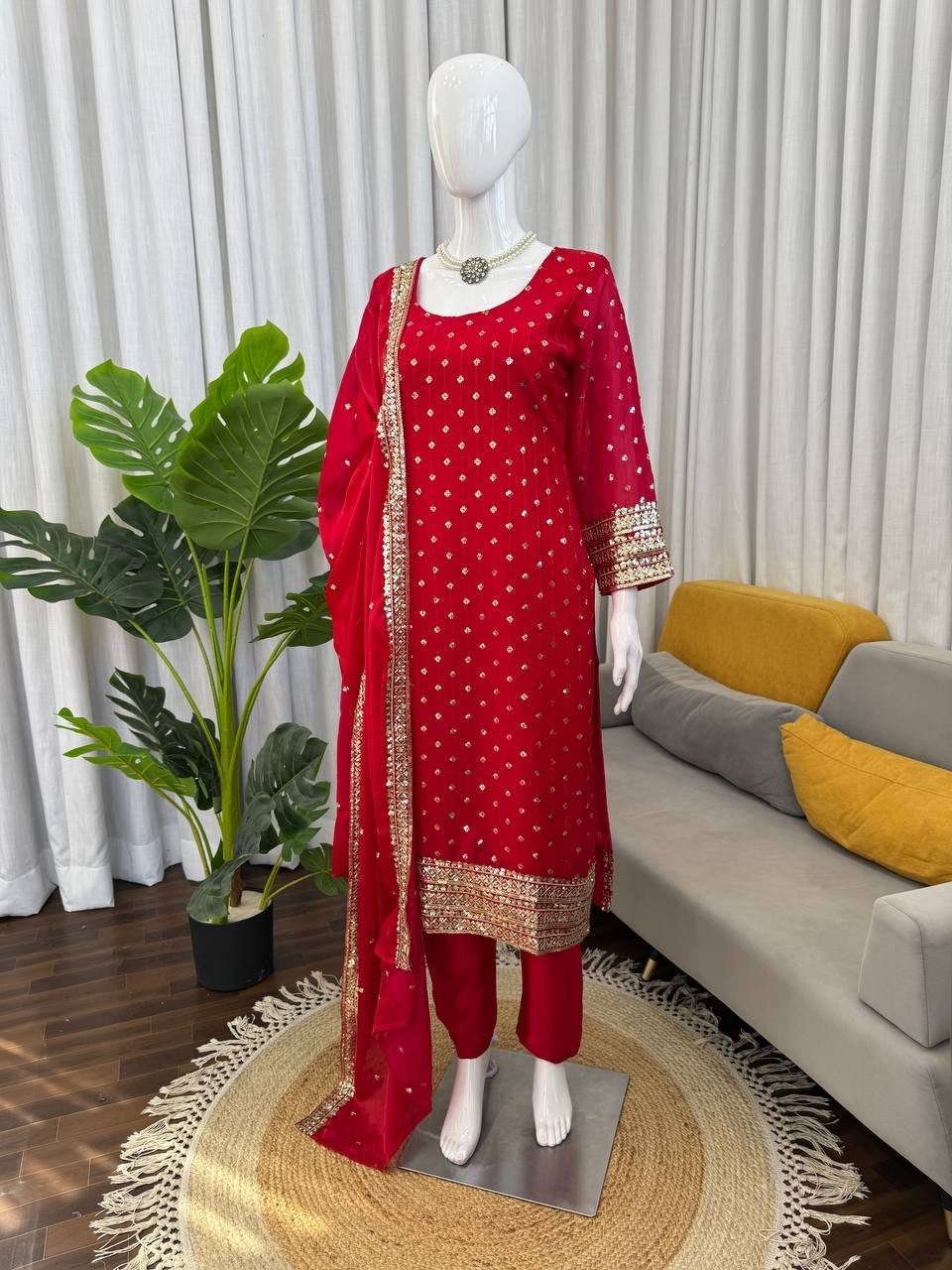Stylish Look Heavy Silk Red Salwar Kameez With Dupatta For Festival Wear