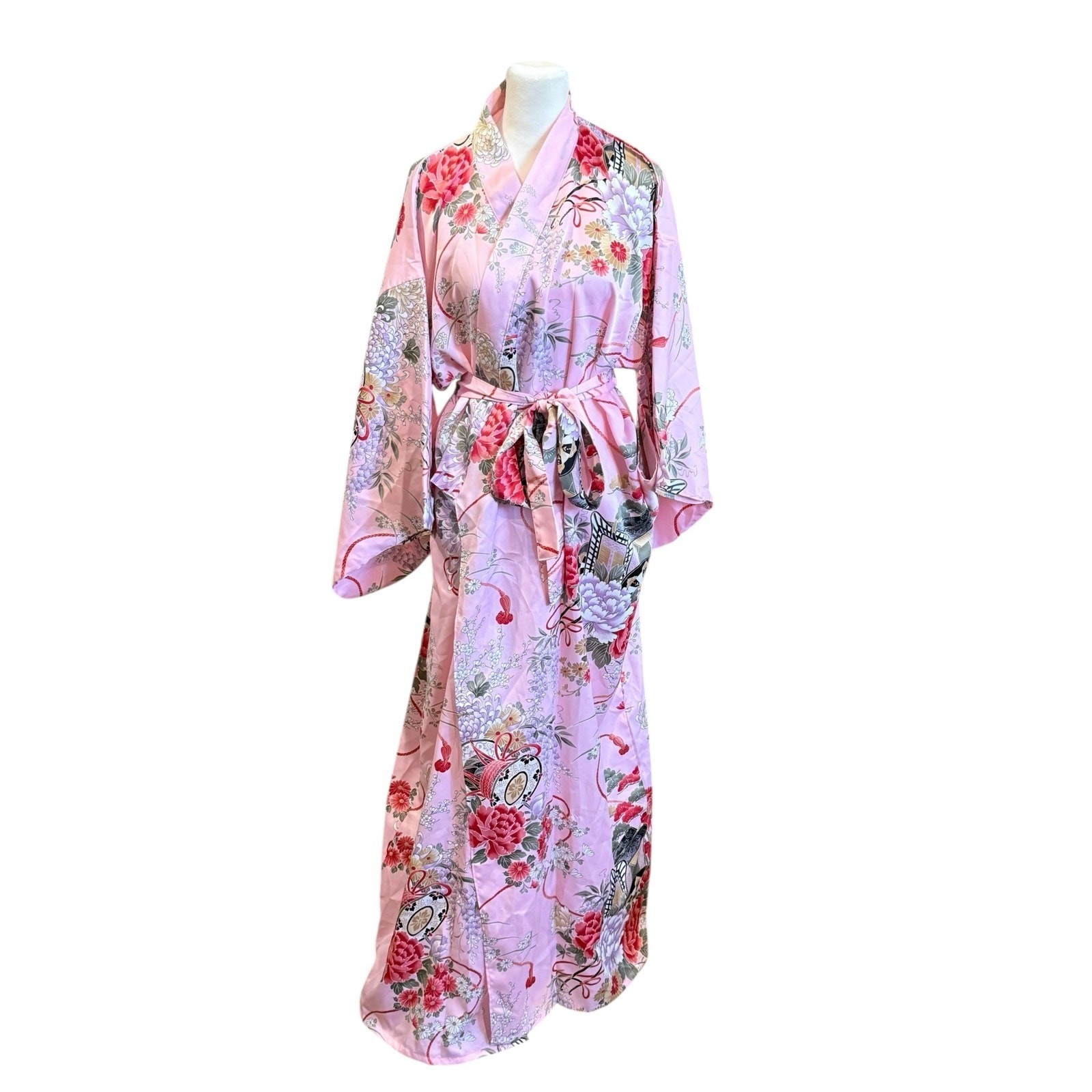 Pink Floral Kimono Robe Womens Satin Yukata Long Duster Lounge Belt