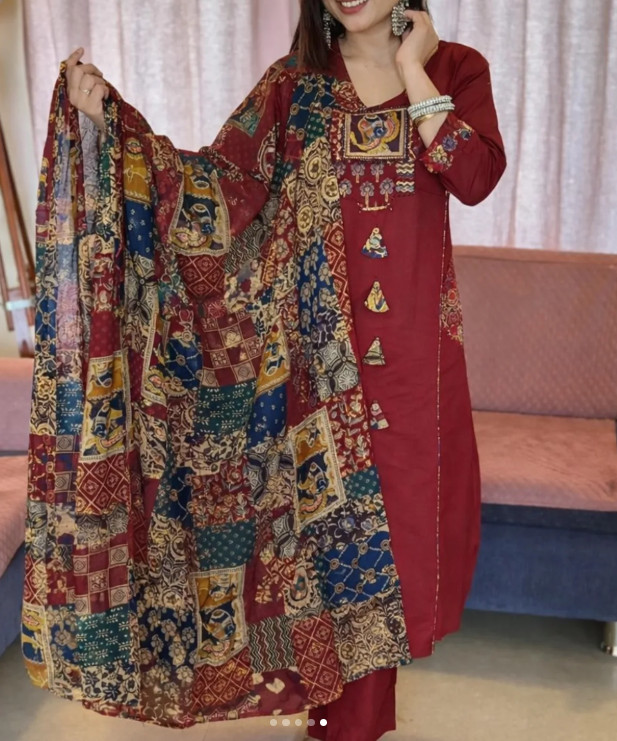 Heavy Cotton Designer Kurti Pant Dupatta Set Indian Party Wear Salwar Kameez