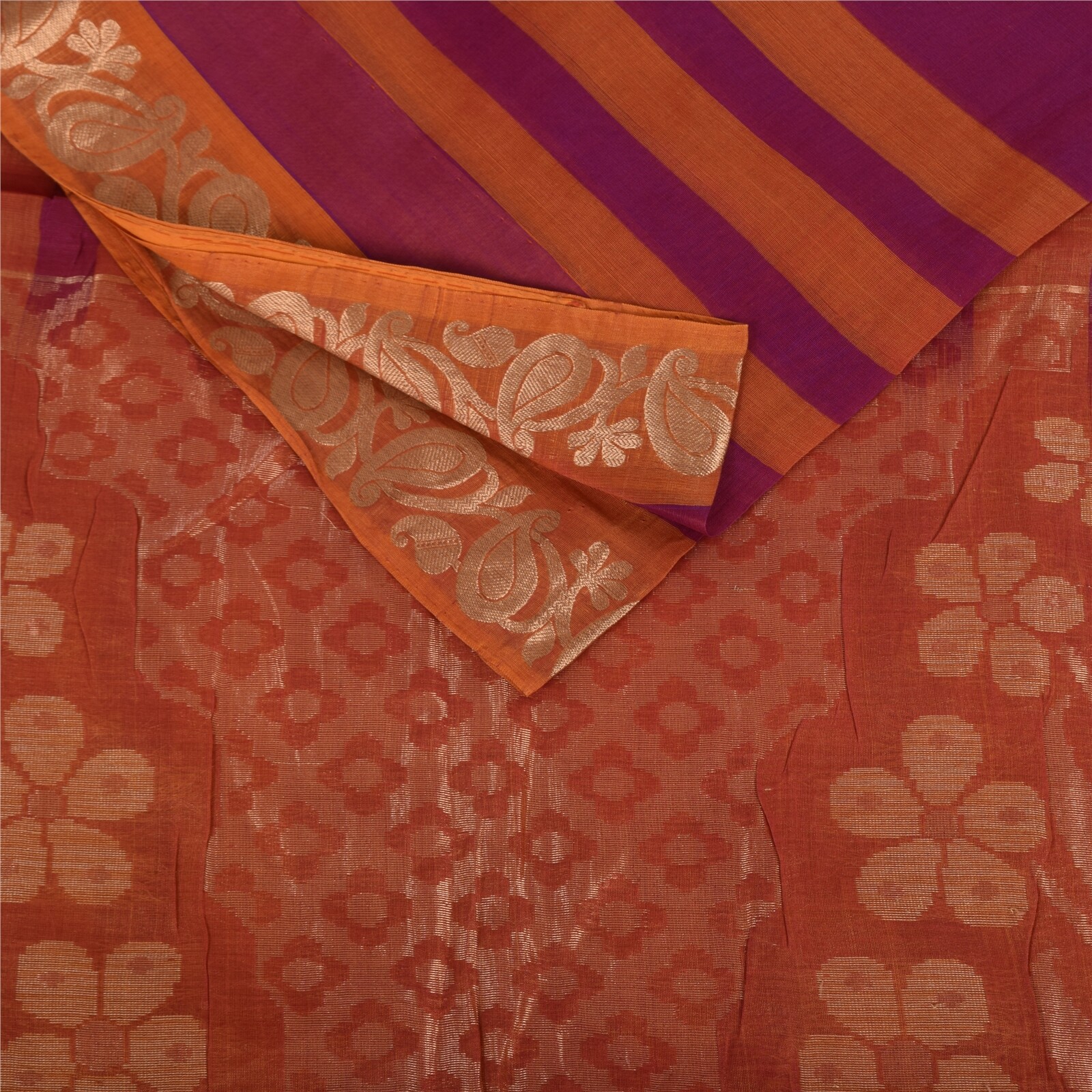Sanskriti Vintage Sarees Pink/Orange Pure Cotton Woven Sari 5+Yd Craft Fabric