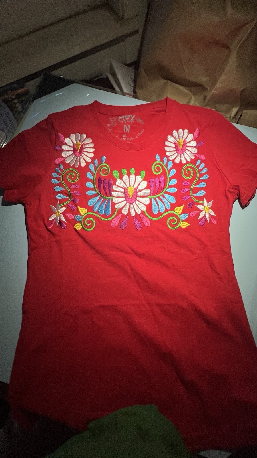 MOY artesanal Mexican Cotton Red Embroidered blouse Size M Women