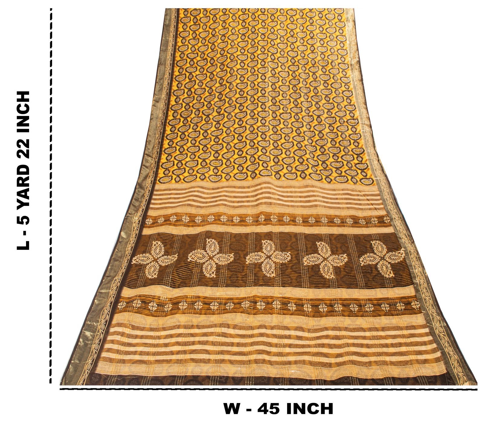 Sanskriti Vintage Saree Yellow Pure Cotton Paisley Kantha Print Sari 5+Yd Fabric