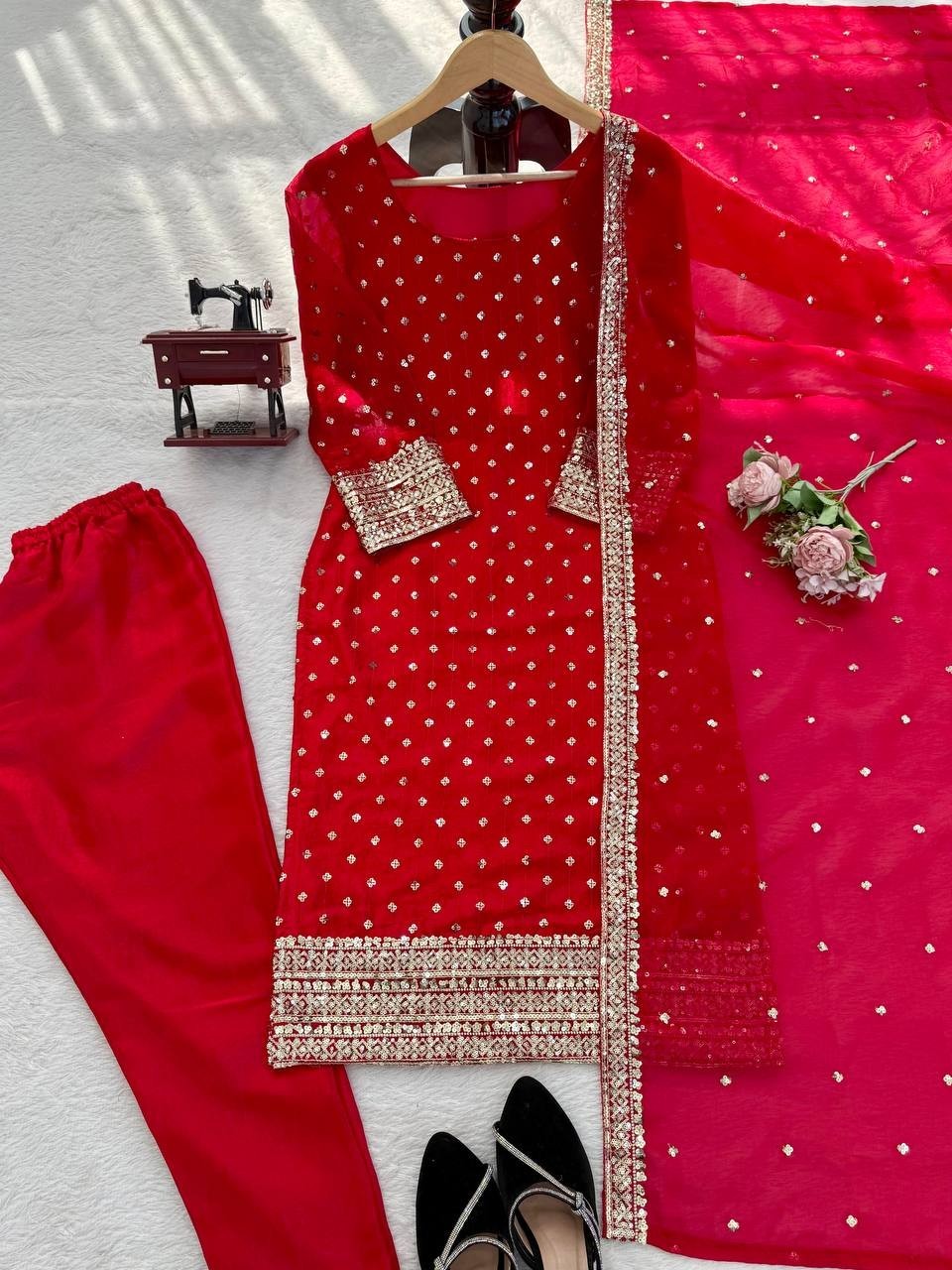 Stylish Look Heavy Silk Red Salwar Kameez With Dupatta For Festival Wear