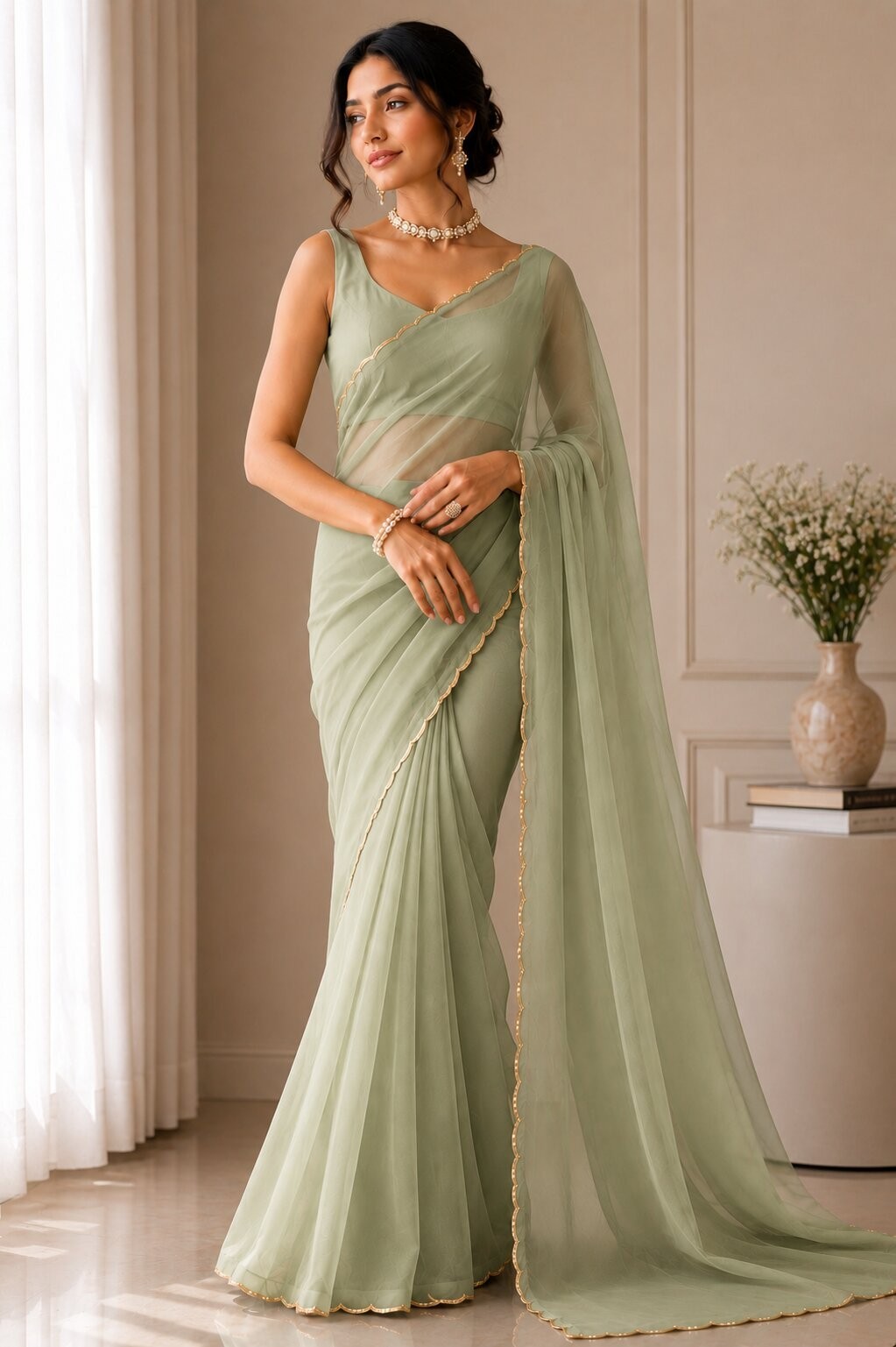 Sage Green Georgette Saree | Scalloped Border | Pre-Stitched Blouse | Party Wear