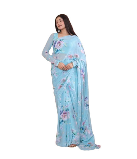 Sky Blue Color Flower Printed Georgette Women’s Ready To Wear Saree Blouse Piece