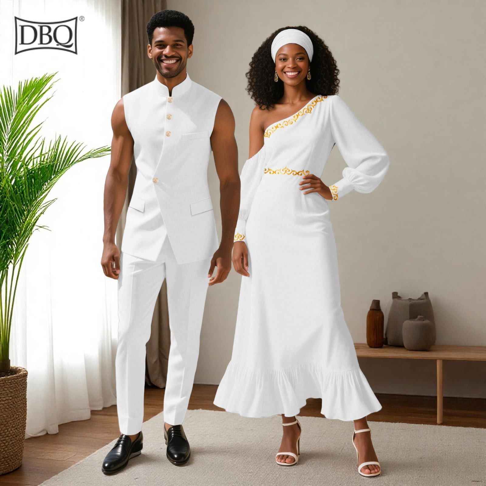 African Couple Matching Cloth Men’s Sleeveless Jacket Pants Set Women Maxi Dress