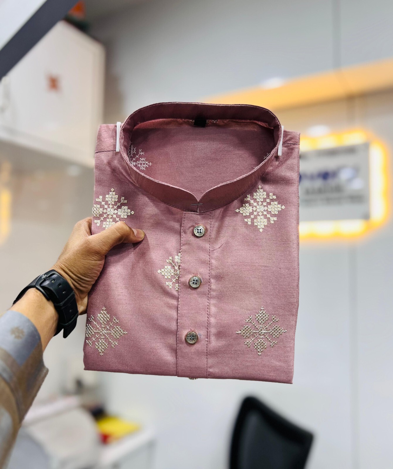 Men’s Traditional Wear, Mate Copper Sequence Work With Soft Parbon Silk Kurta