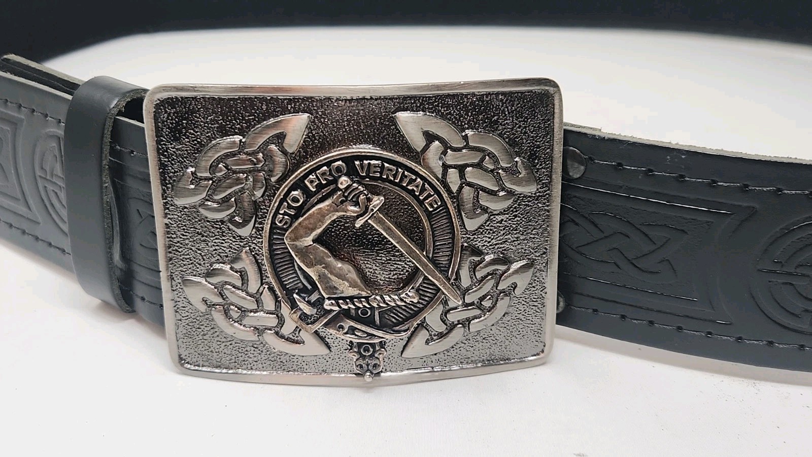 Guthrie Clan Crest Black Leather Scottish Highland Kilt Belt Sz XL USA KILTS