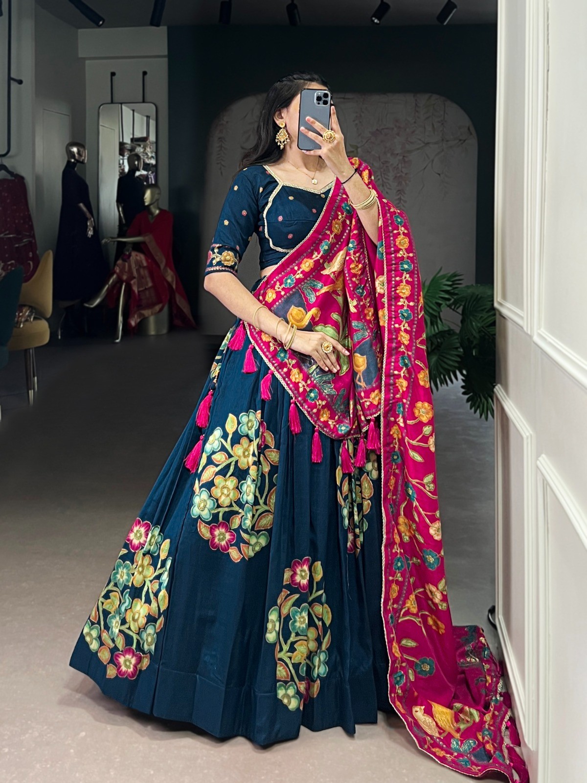 Indian Traditional Tasar Silk Lehenga Choli Foil Print Cultural Outfit For Women