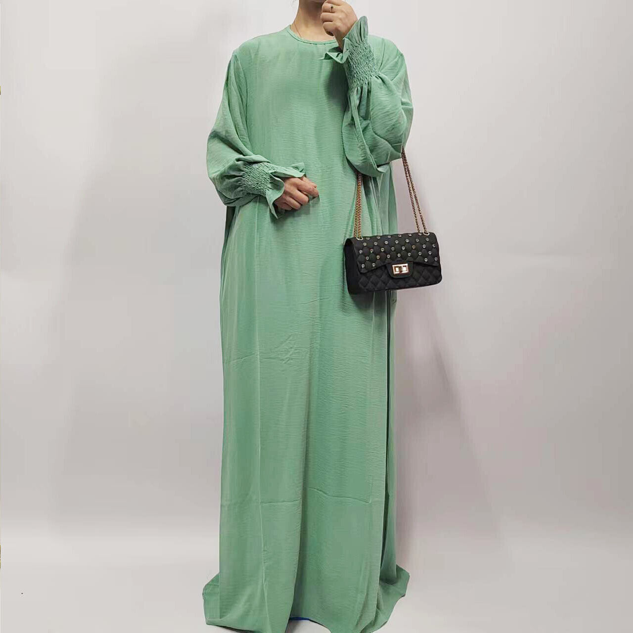 Muslim Women Solid Color Long Sleeve Abaya Loose Robe Simple Maxi Dress Kaftan