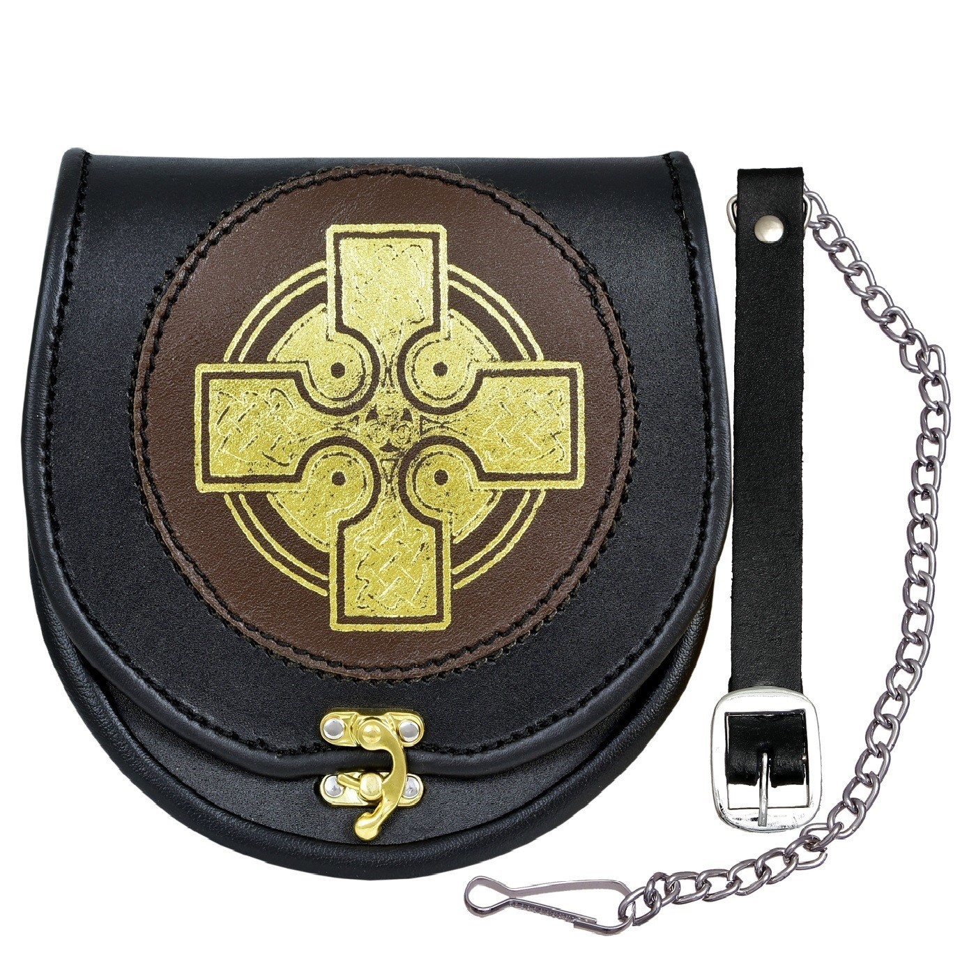 Leather Sporran Gold Cross Black/Brown leather sporran for Kilts with Chain Belt