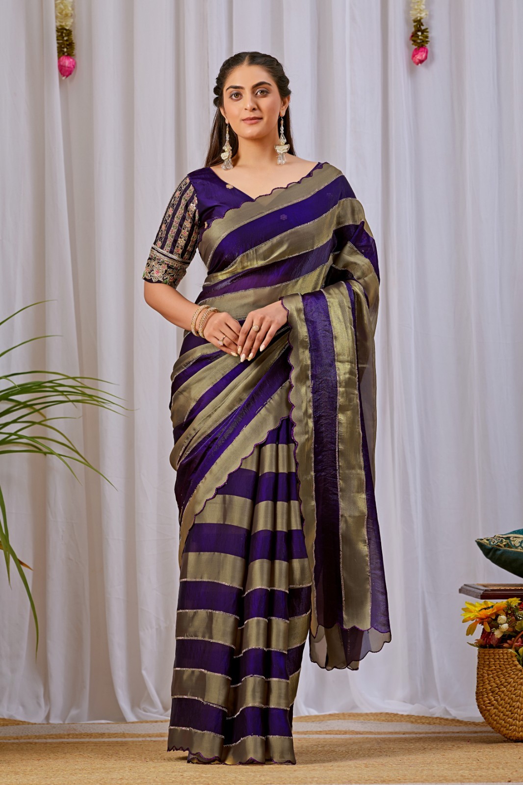 Royal Purple NC Satin Patta Designer Women Saree Embroidered Party Wear Sari