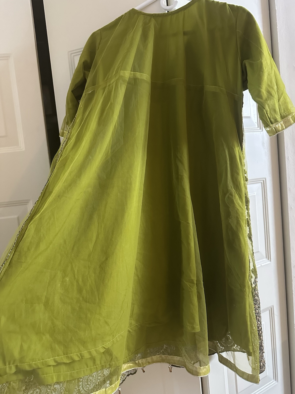 Green Heavy Embodied Work On Net A Line Frock Kameez Trouser Large