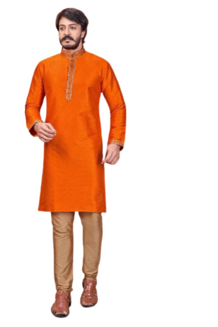 Orange Silk kurta with gold Cotton Pajama for Men (Generic) New (46)