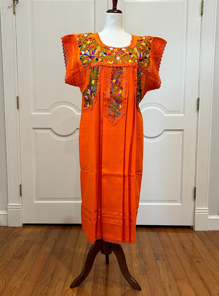 Mexican orange dress, Oaxaca dress, hand embroidery dress.