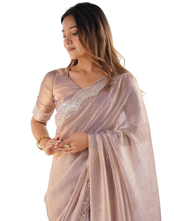 Women’s Shimmer Chiffon Sequence Embroidery Saree With Unstitched Blouse Piece