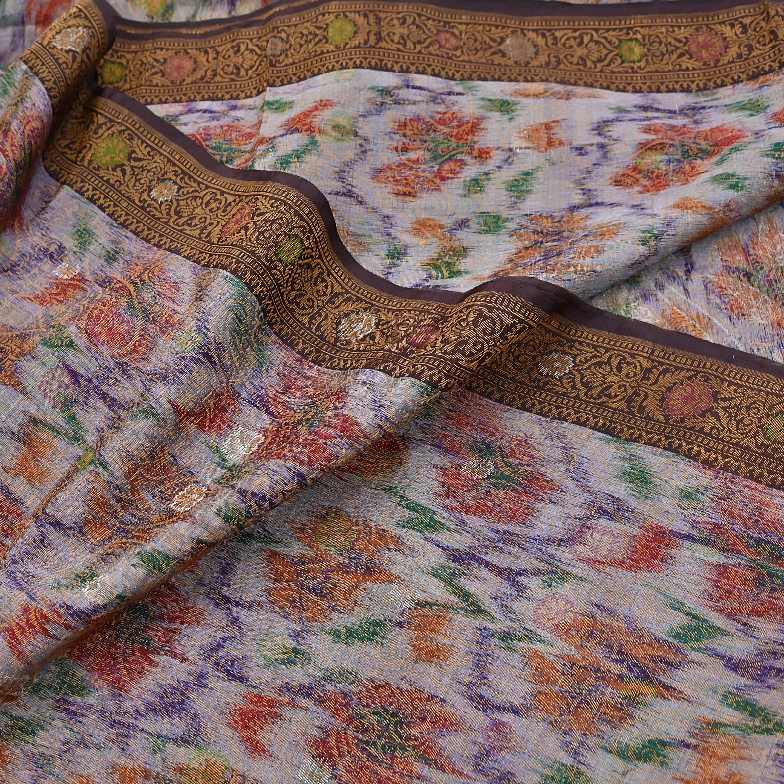 Indian Vintage Heavy Saree Brown & Multi 100% Pure Silk Hand Woven Ikat Sari 5yd