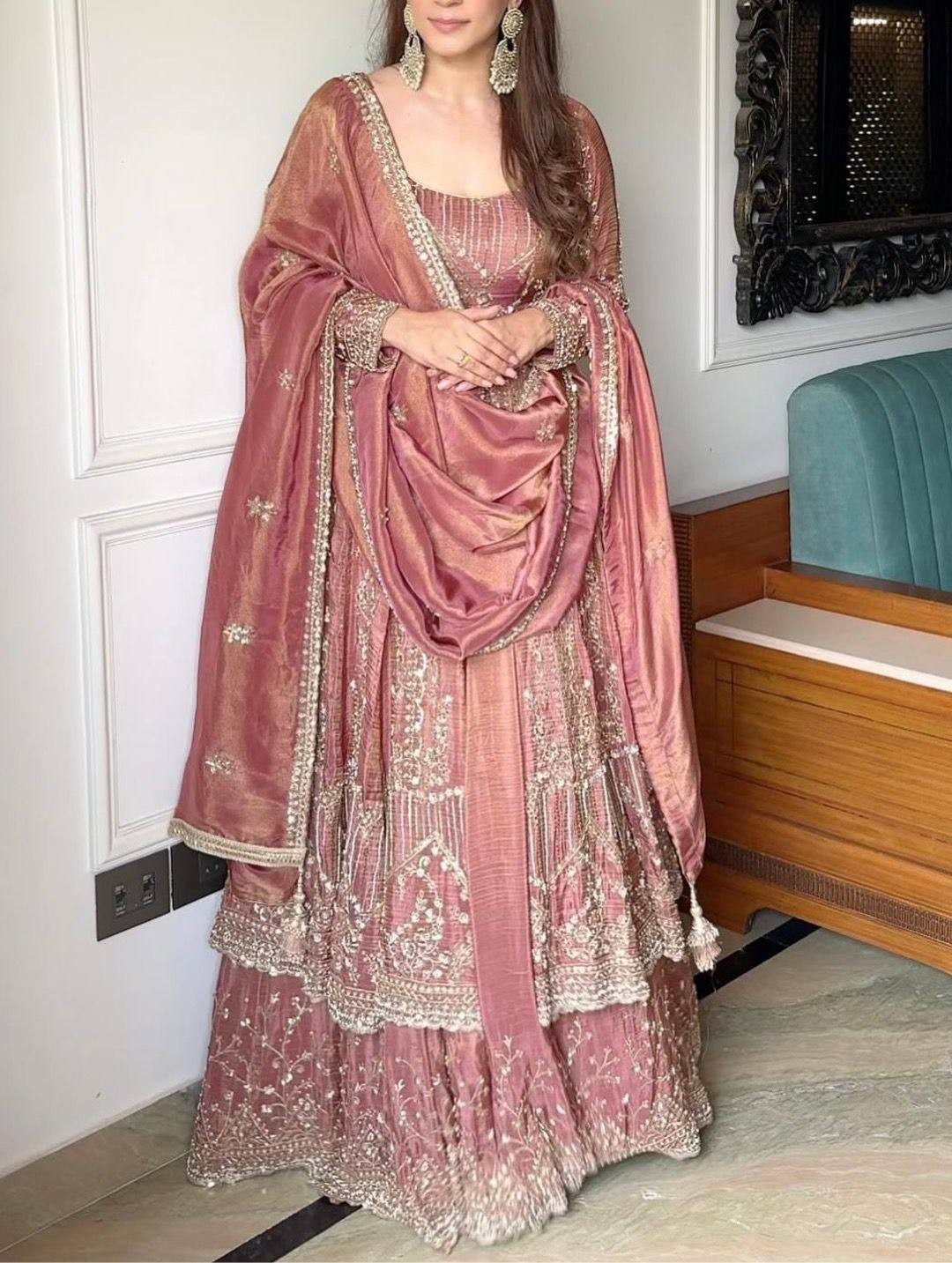 Wedding Wear Dusty Pink Crunchy Silk Top Lehenga With Dupatta For Women