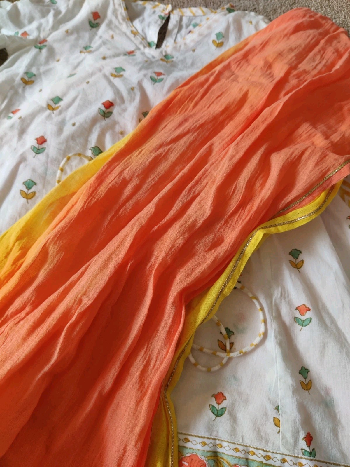 Light Summer Cotton Girls Indian Lehnga Set White Orange Yellow Green 2-3 YRS