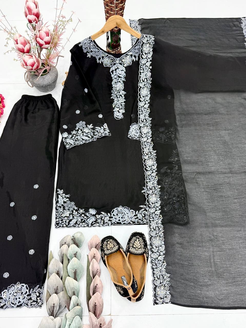 Presenting New Mal Chanderi Black Top Palazzo With Dupatta For Party Wear