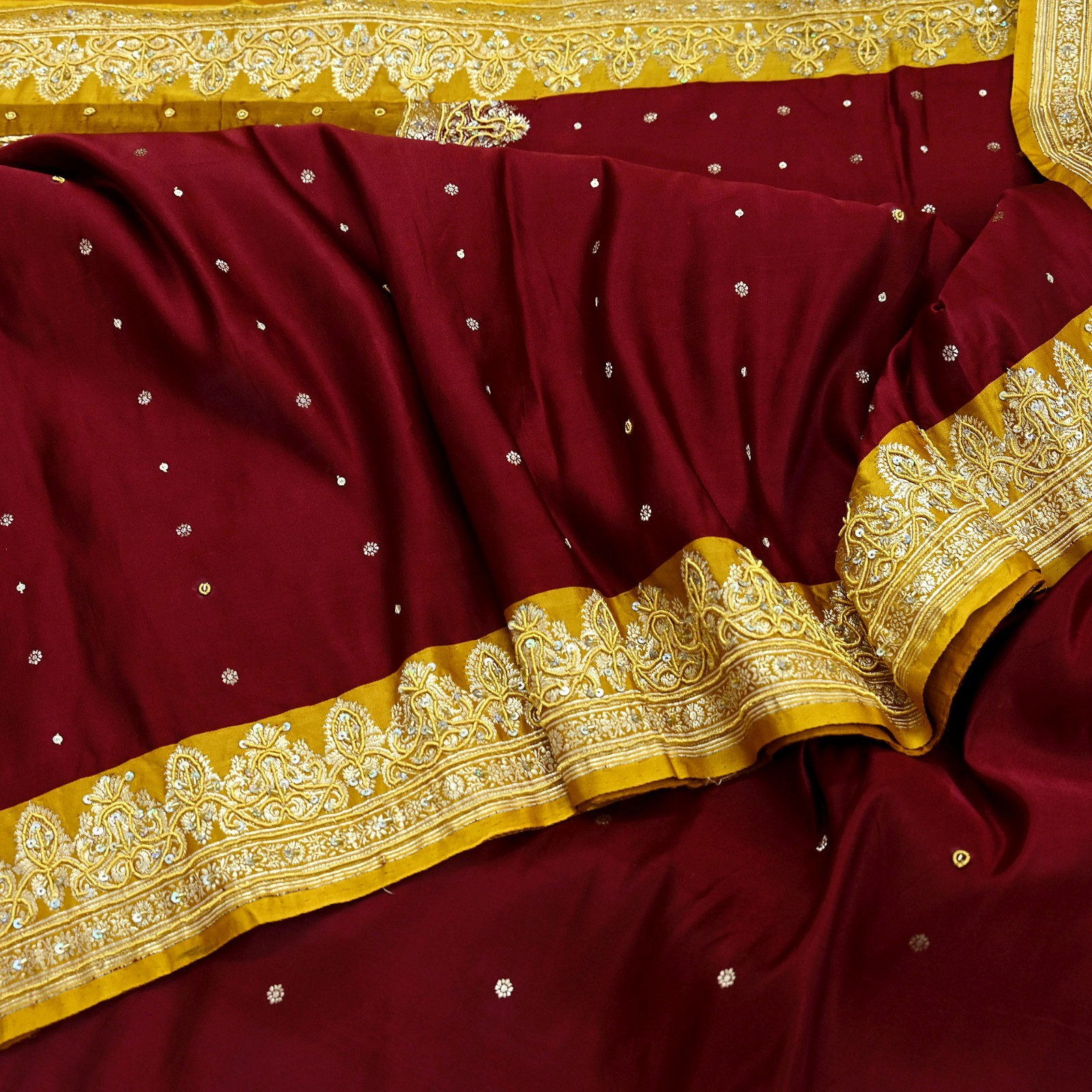Vintage Heavy Saree Pure Satin Silk Hand Embroidered Banarsi Brocade Sari Dabka