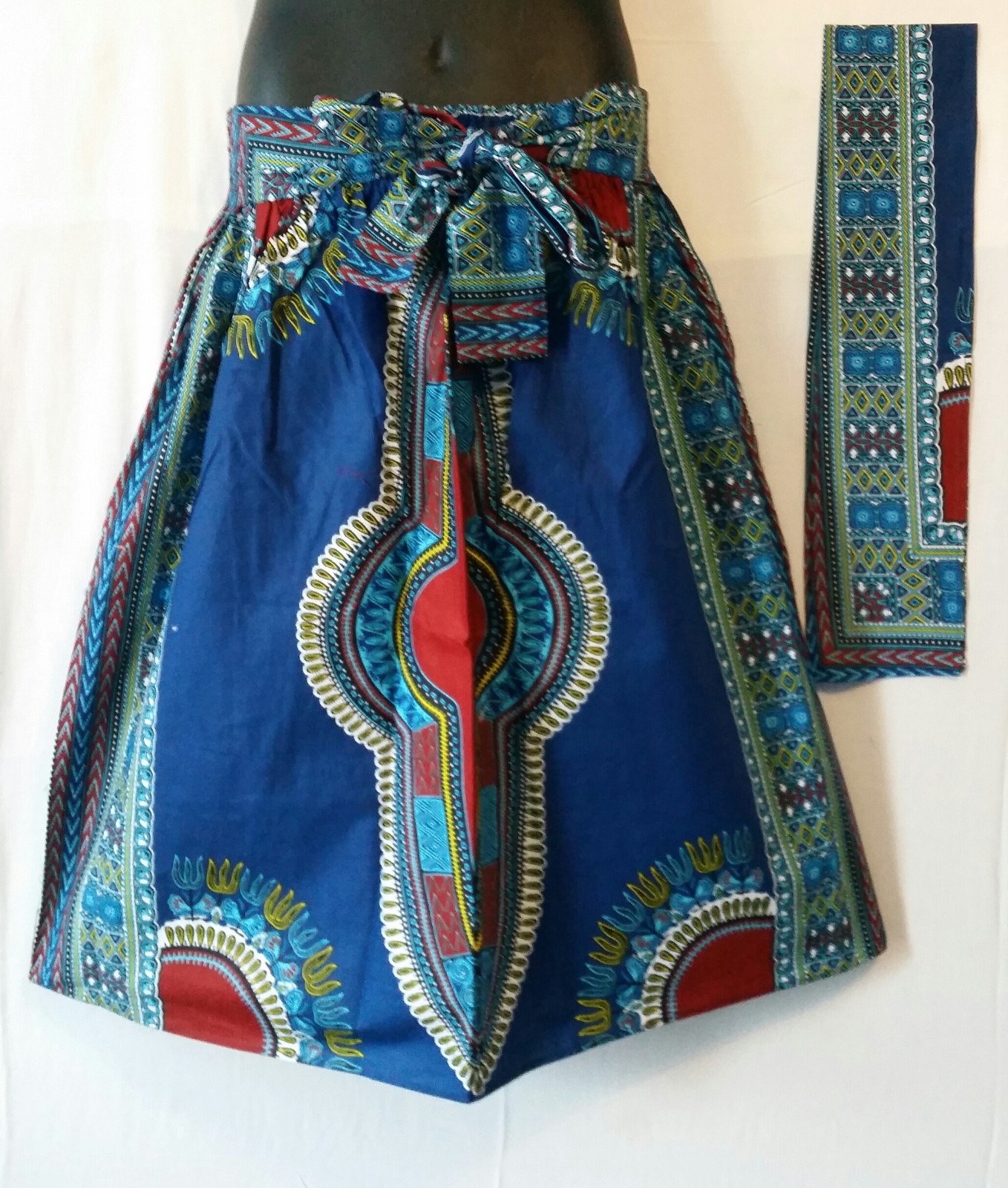 Ankara African Women Midi Skirt Dashiki Print 2 Pocket & Belt Free Size Blue