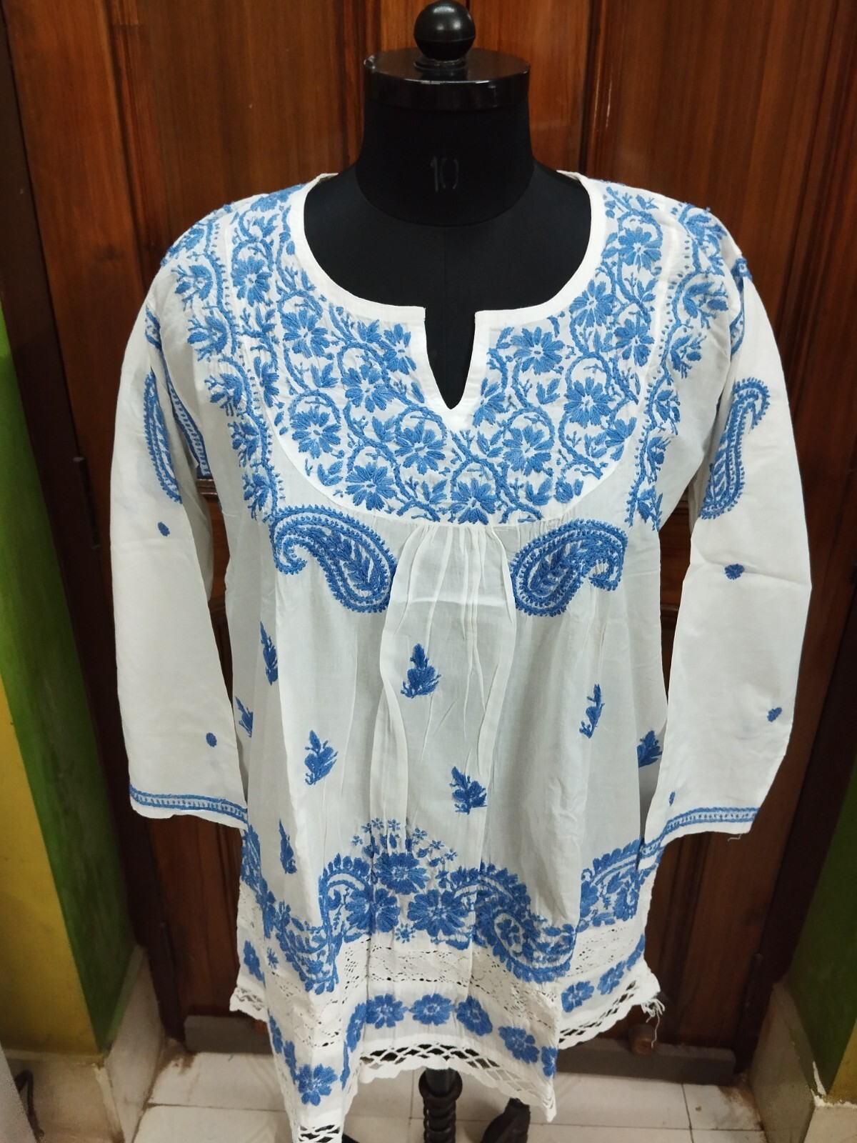 DRESS M XL HANDMADE CHIKAN EMBROIDERY ETHNIC 100% COTTON TOP KURTA KURTI TUNIC
