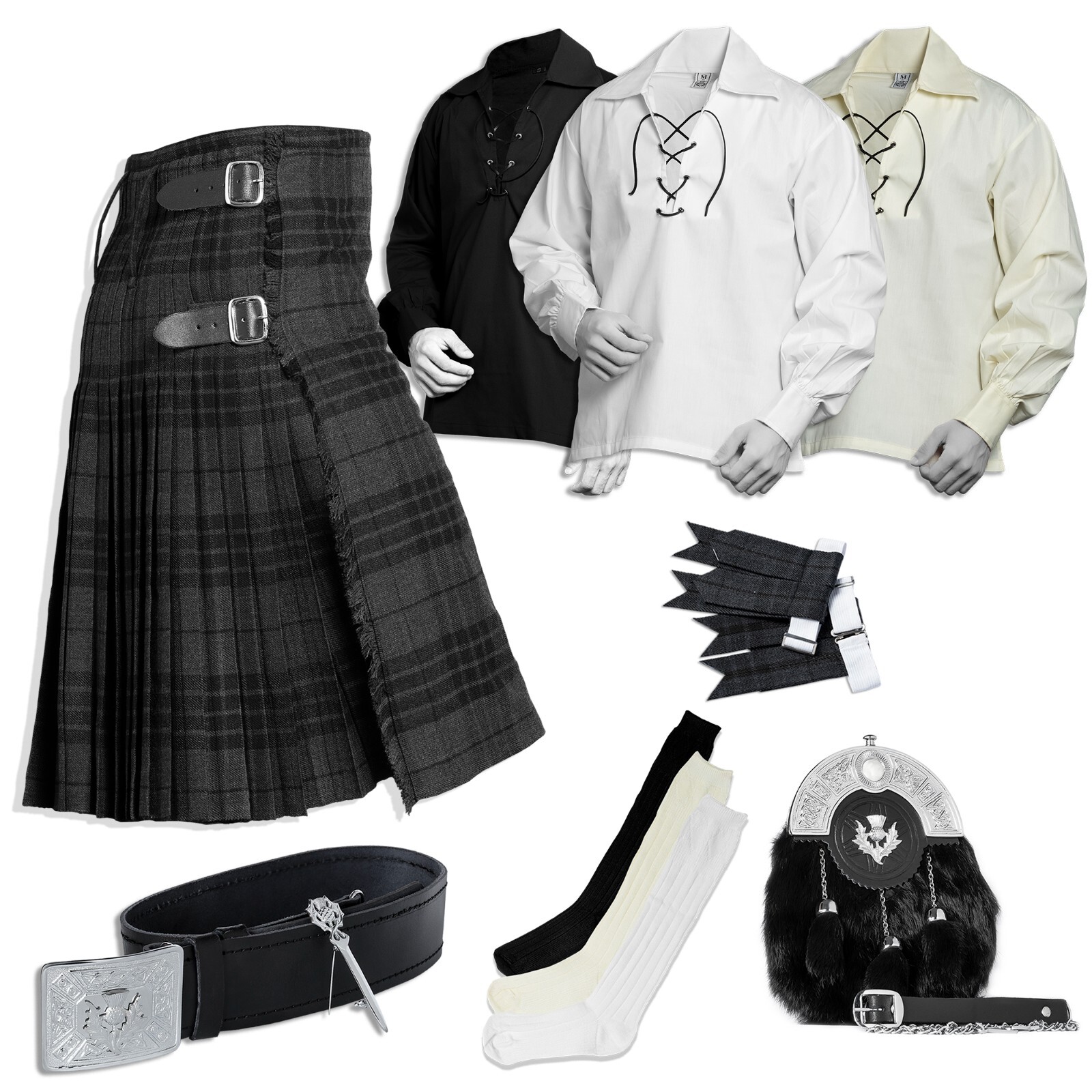 Grey Watch Tartan Kilt Set – 08 Pieces Kilt Accessories for Men, Scottish Outfit