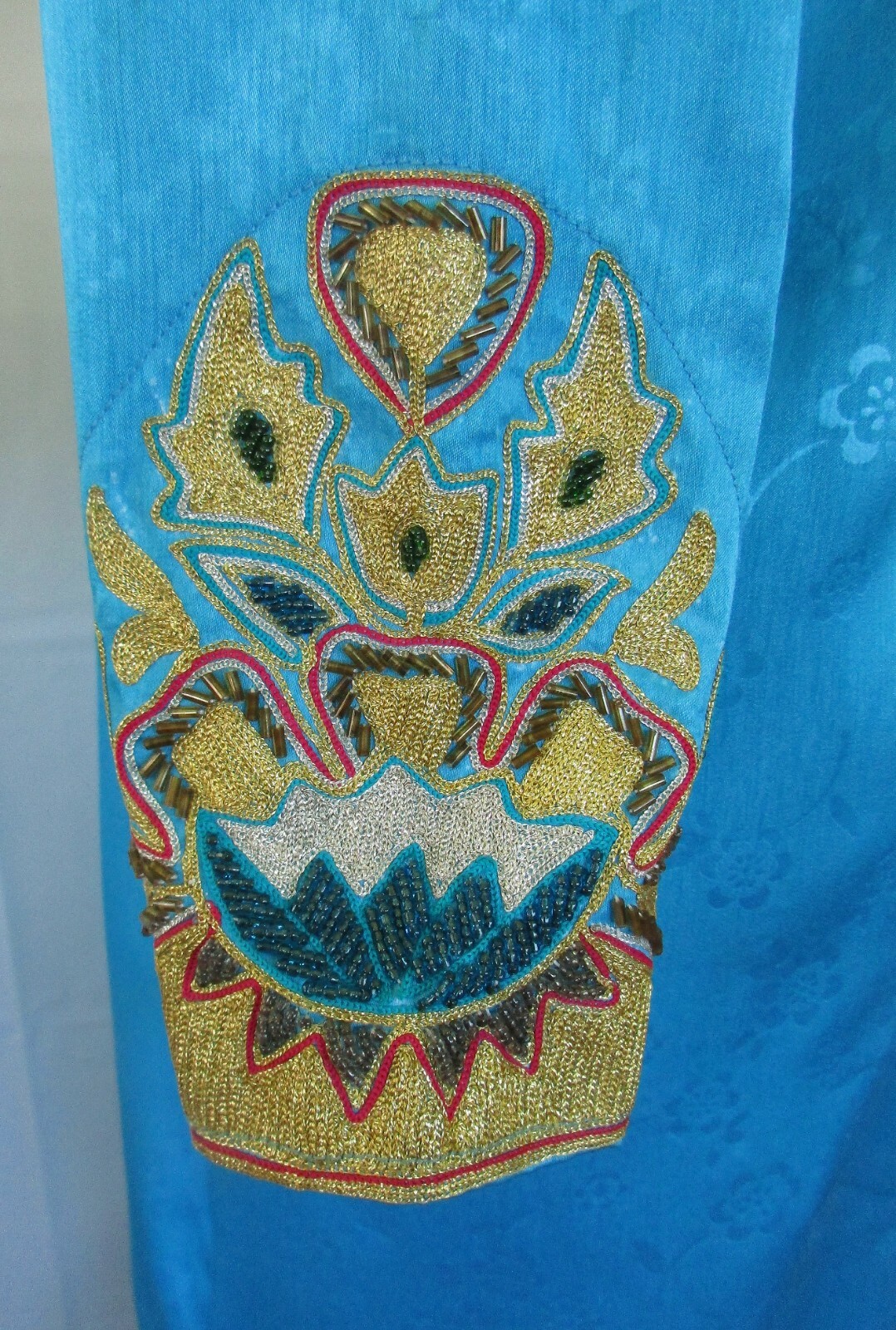 Vintage Caftan Robe Turquoise Blue Metallic Gold Silver Glam Kaftan L XL Maxi