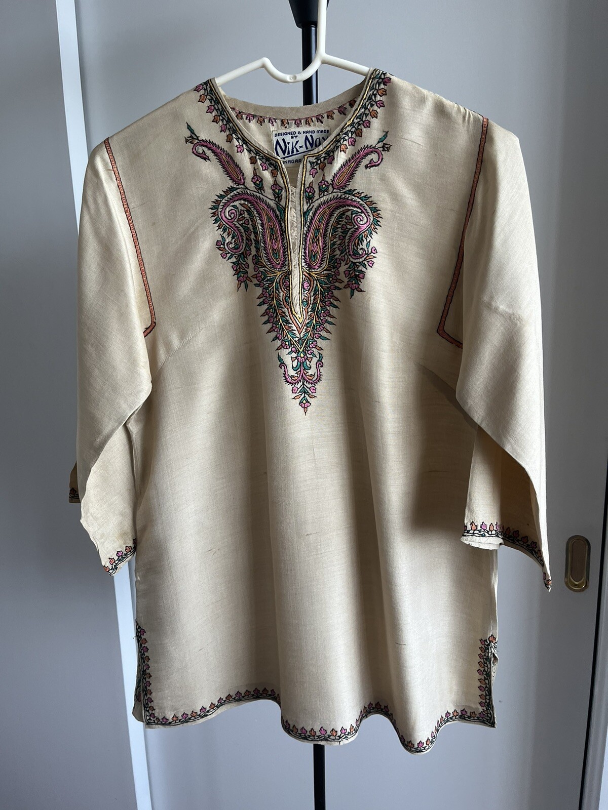 Designer Blouse Kurta Top 100% Natural Beige 100% Silk w Kashmir Hand Embroidery