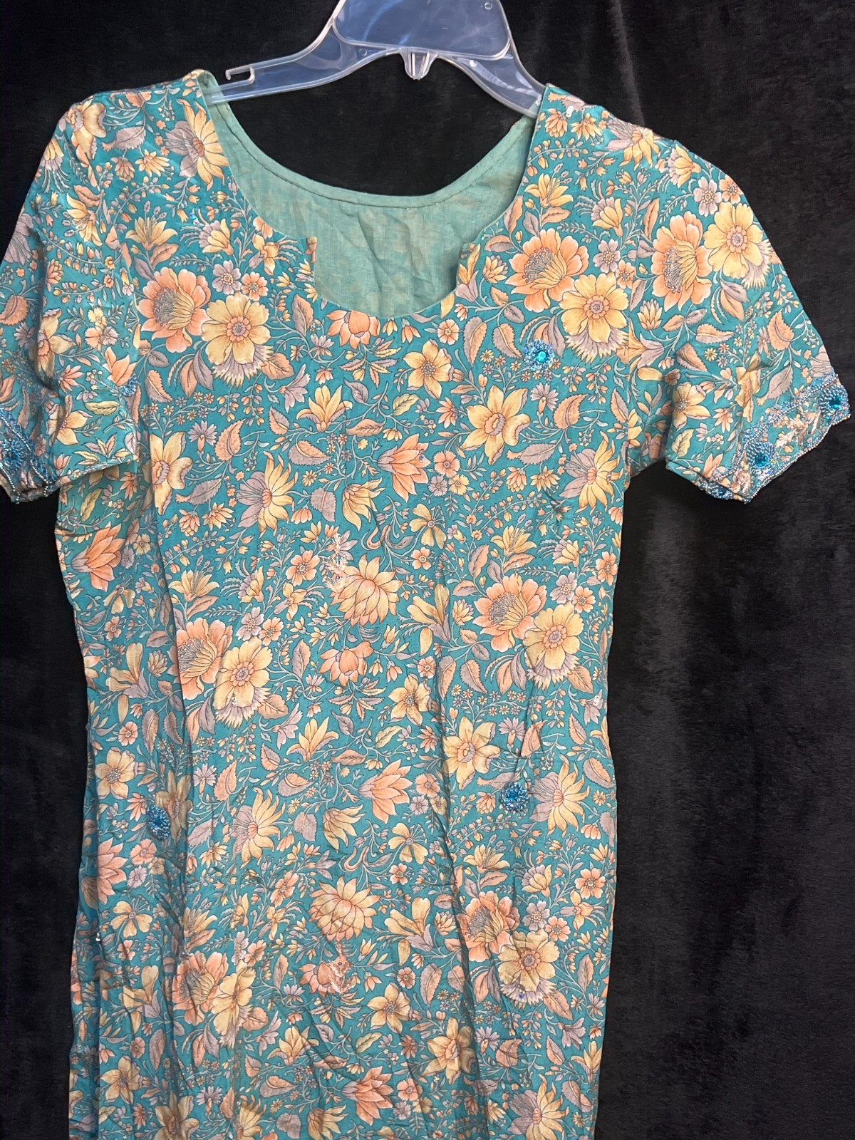 Women’s Indian Floral Tunic Dress Blue Yellow Short Sleeve Kurta Style No Size
