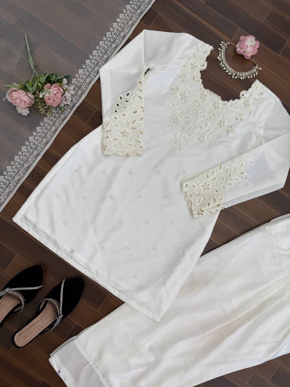 Ethnic Wear Natural Crep White Top Bottom With Dupatta For Women And Girls