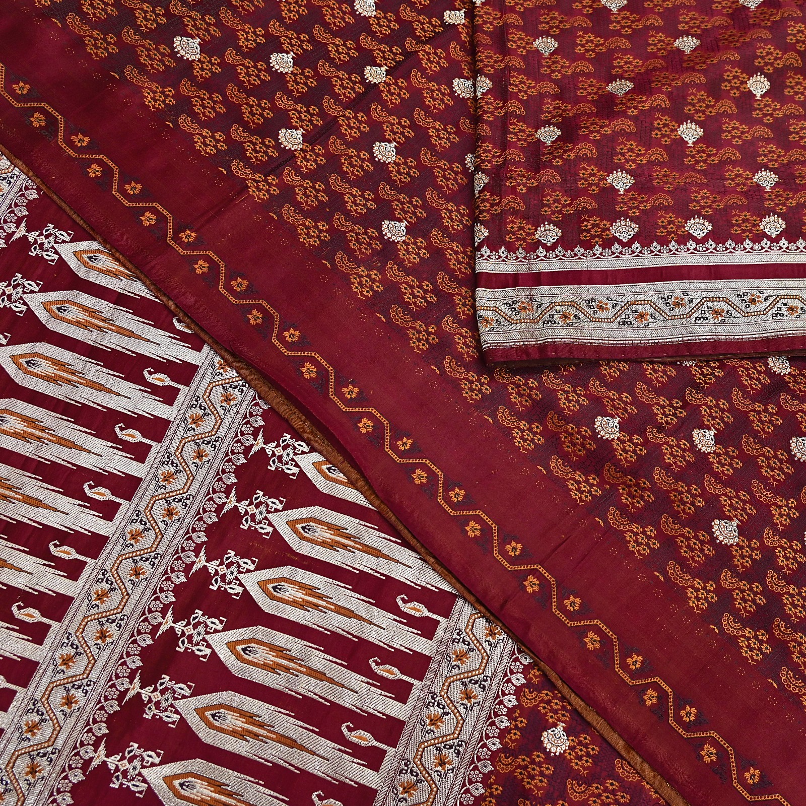Indian Vintage Sari Maroon Heavy Wedding Pure Satin Silk Woven Banarasi Tanchoi