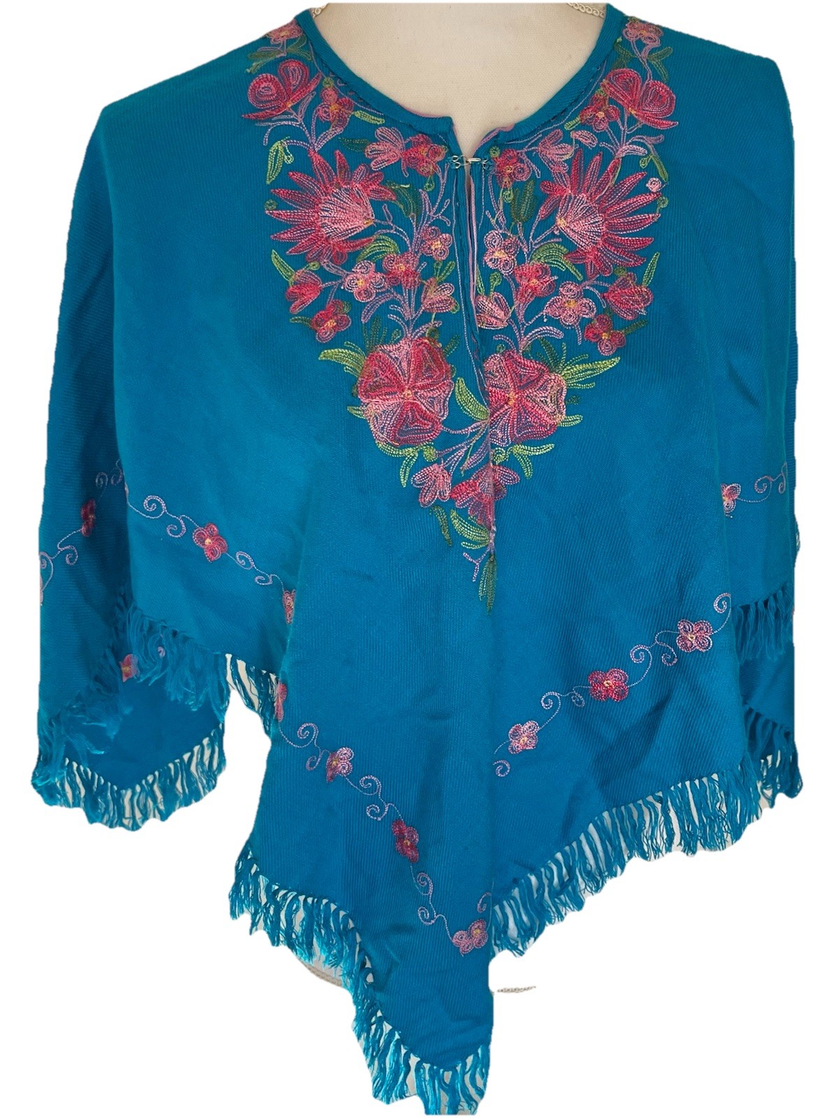 Turquoise Blue Embroidered Poncho From Mexico Shawl Lightweight Mañanitas Gaban