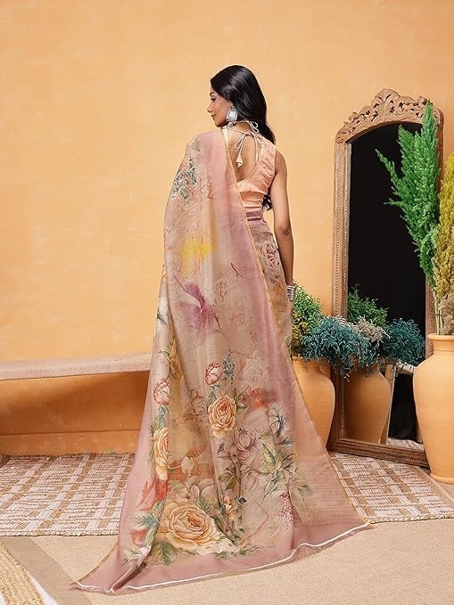 Beige Floral Print Cotton Blend Saree with Unstitched Blouse Festival Party Wear