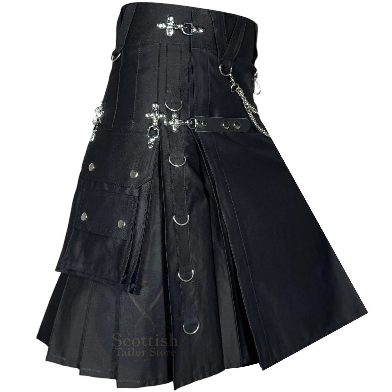Scottish Black Gothic Utility Kilt Men 46W–Chain Punk Rock Steampunk Style BLACK