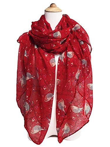 Scarfs for Women Lightweight Floral Birds Print Cotton Scarves and Wraps Red