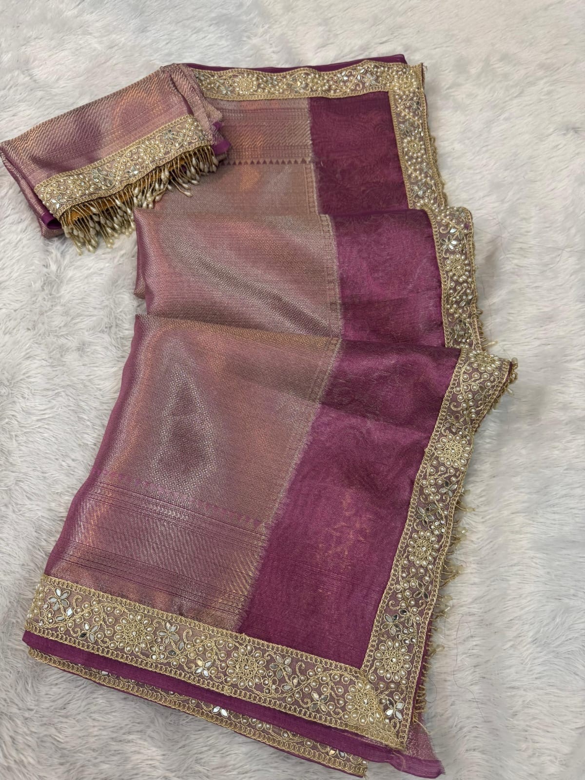 Banarasi Soft Tissue Silk Saree Designer Lace Border Indian Wedding Party Sari