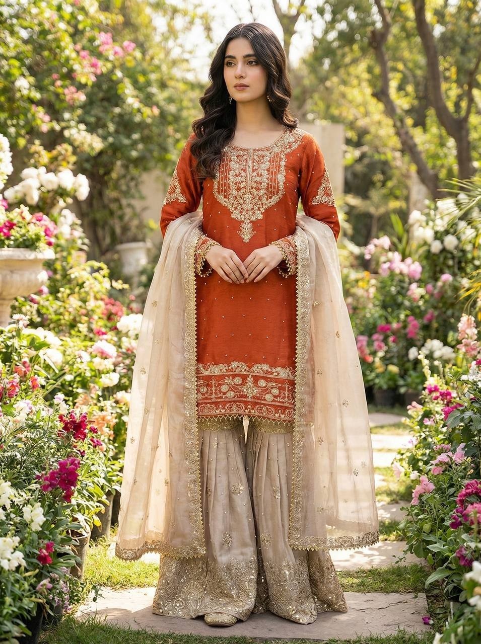 Fancy Rust Orange Jimmy Choo Silk Sharara Set With Gold Embroidered Work Dupatta