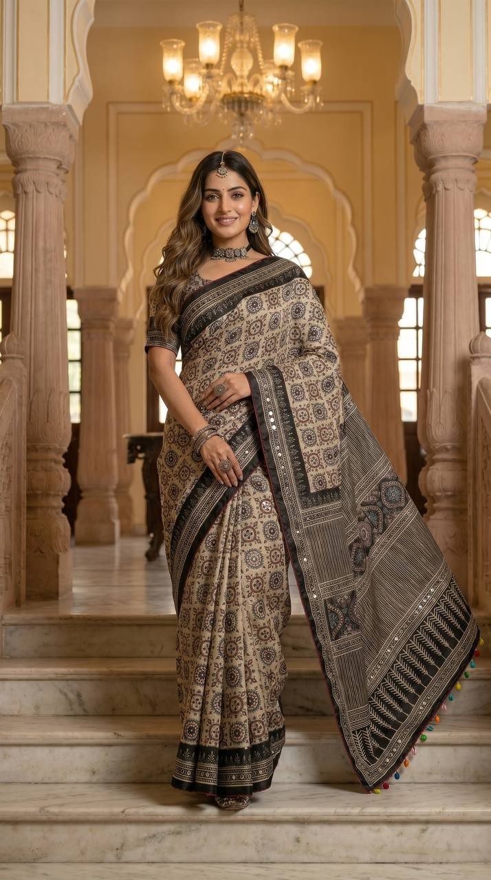 Indian Designer Silk Ajrakh Saree Mirror Work Ethnic Bollywood Party Sari Blouse