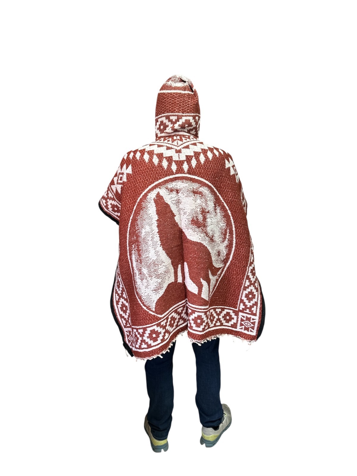 2XL MEXICAN PONCHO WITH HOOD , HOWLING WOLF BLANKET , ONE SIZE , TERRACOTA