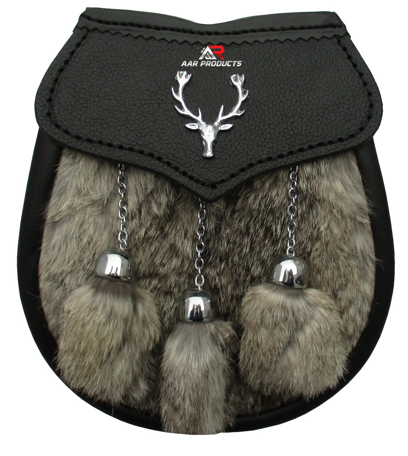 AAR Mens Semi Dress Sporran Brown Rabbit Formal Fur 3 Tassels Leather Belt Chain