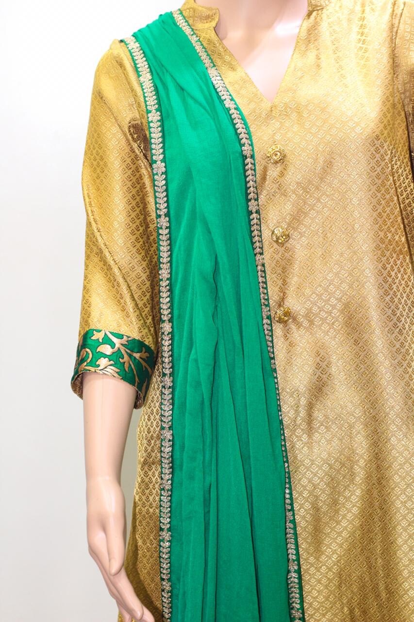 Indian Pakistani Gold Suit with Silk Jamawar Green Pants – Size 46/2XL