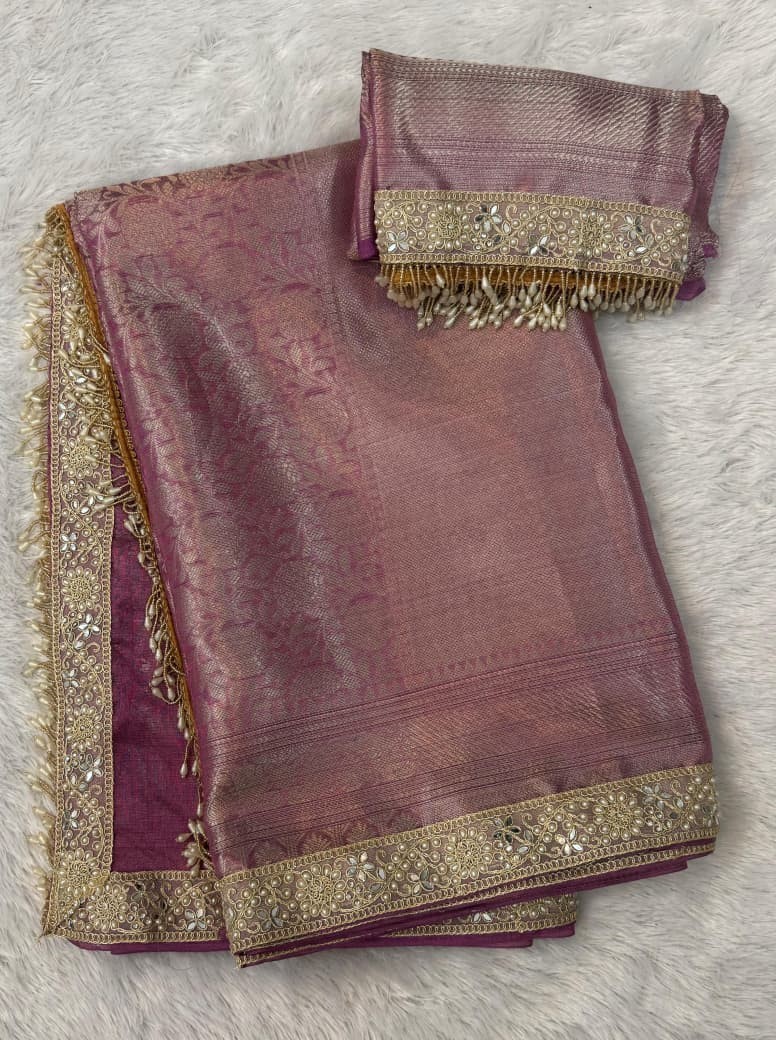 Banarasi Soft Tissue Silk Saree Designer Lace Border Indian Wedding Party Sari