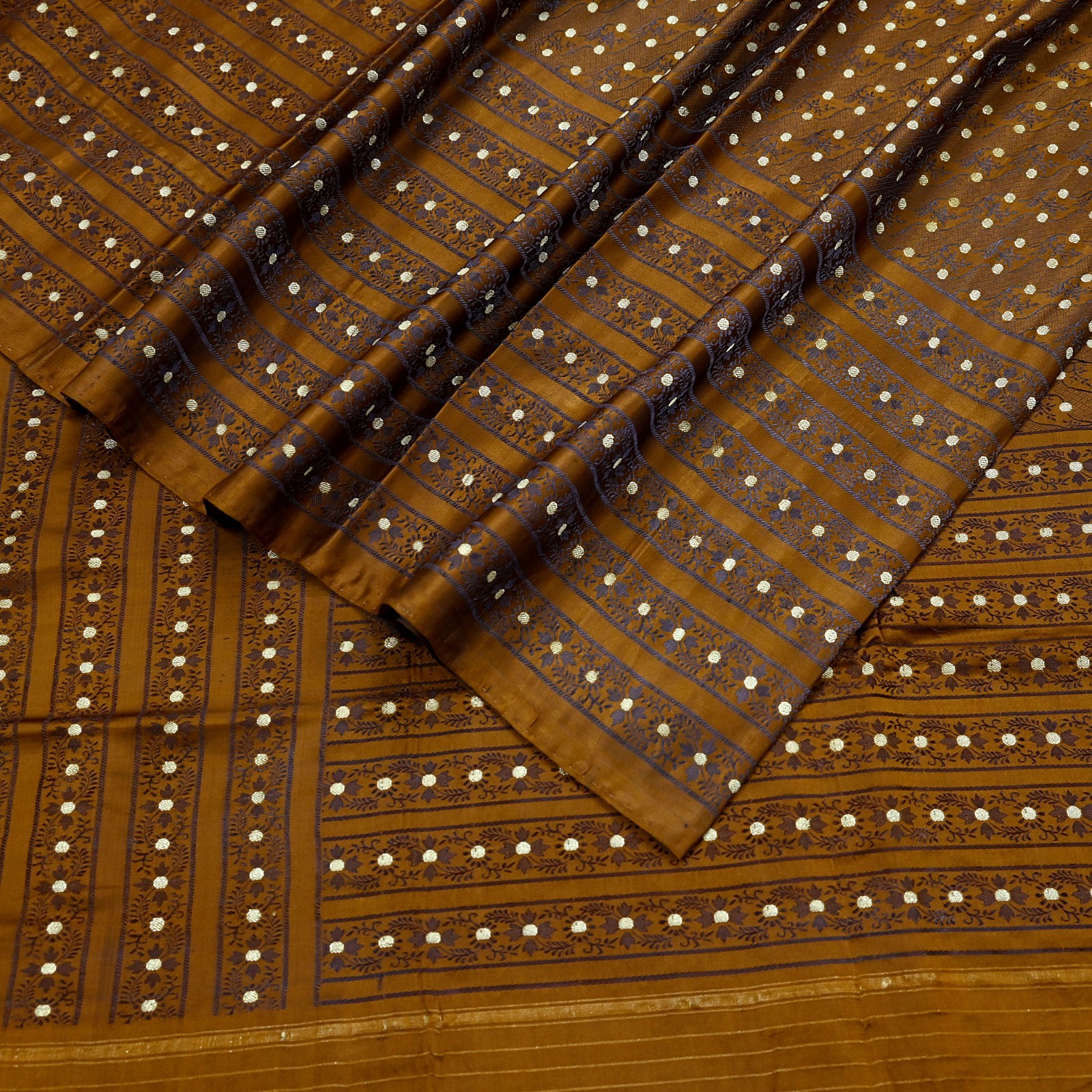 Vintage Sari Golden Brown Heavy Pure Satin Silk Woven Banarasi Tanchoi Saree 5Yd