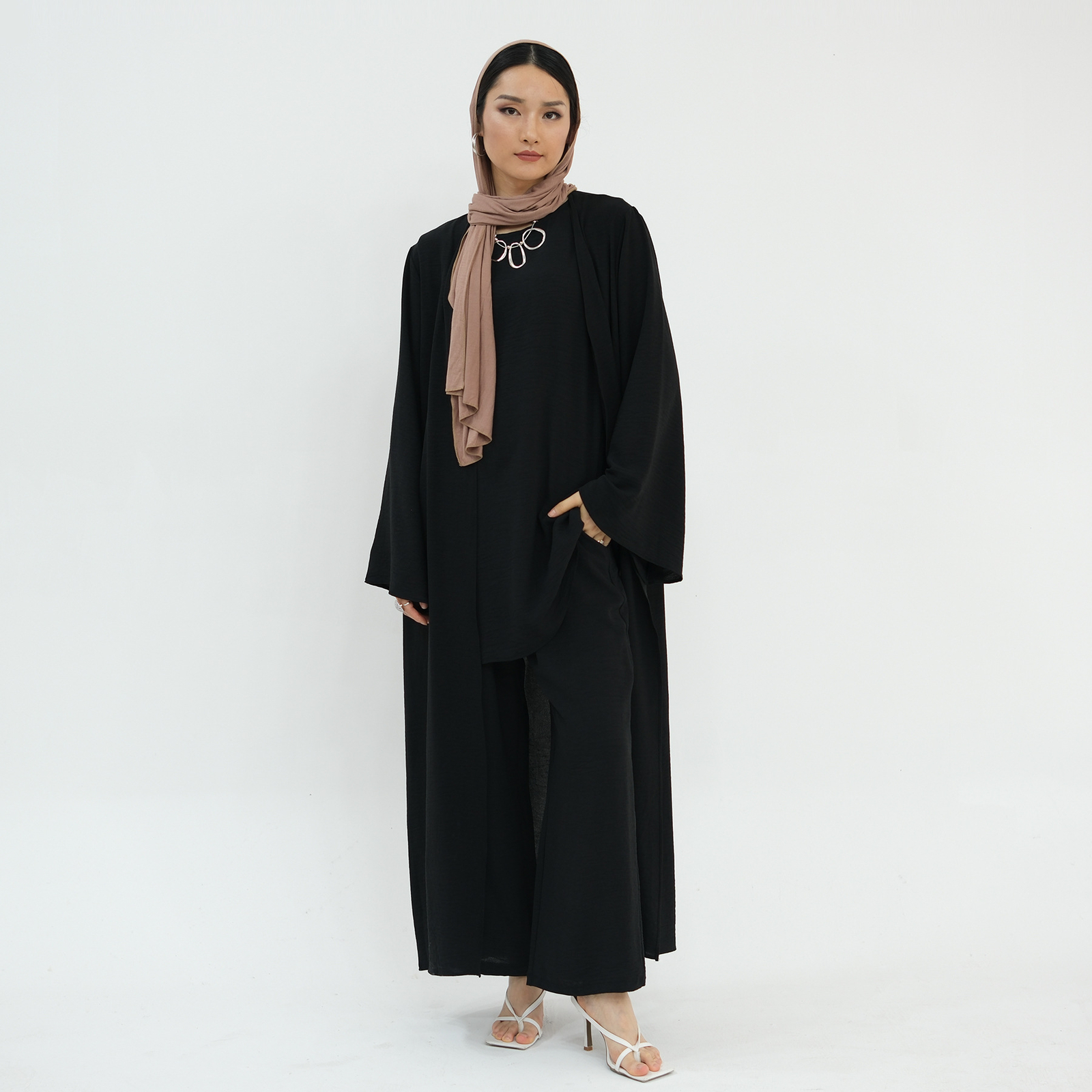 Muslim Women 3pcs Set Open Kimono Vest Pants Kaftan Dress Dubai Abaya Outfits
