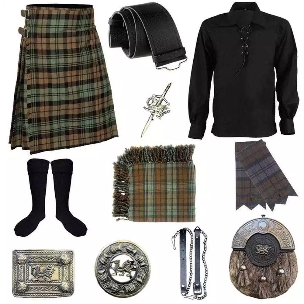 Black watch Weather Tartan Complete Highlander Kilt Outfit 6 Yard Kilt 16 OZ