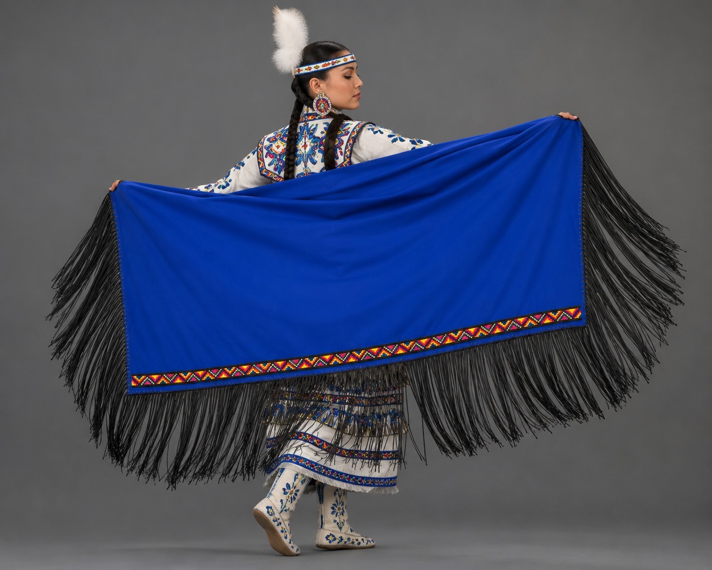 Native American Dance/prayer/wed. Shawl Blue Black Fringe Beaded Trim 61″ x 70″
